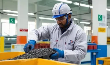 Un personal operario en una fabrica utilizando materiales peligrosos (matpel) el cual utiliza sus equipos de protección personal materiales peligrosos