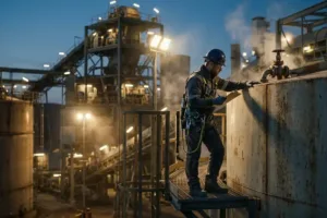 un trabajador de seguridad industrial con equipo de protección completo, incluido arnés y casco