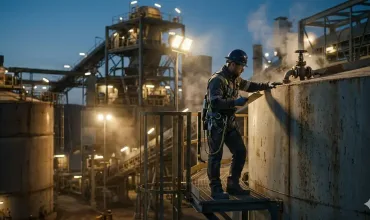 un trabajador de seguridad industrial con equipo de protección completo, incluido arnés y casco