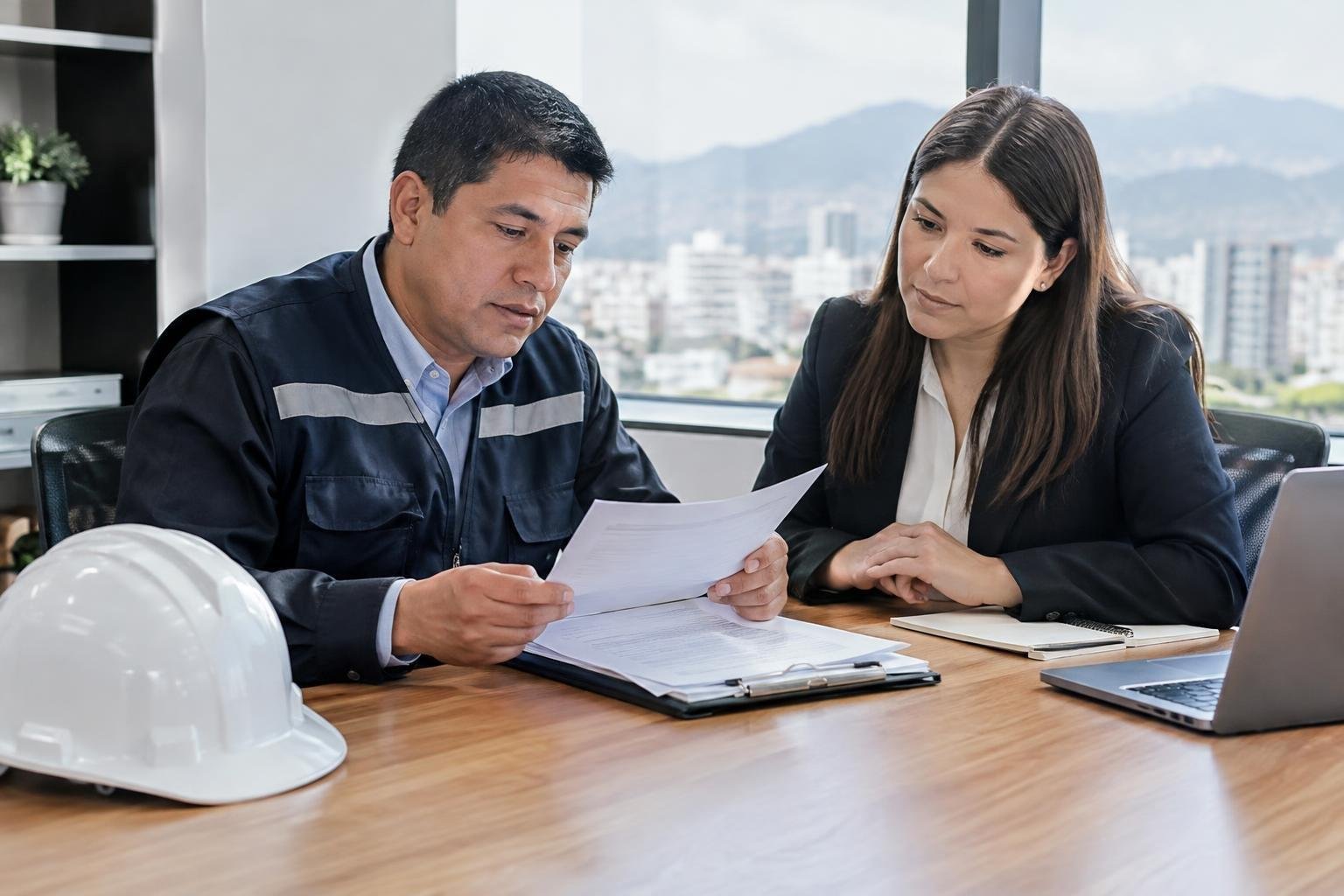 Inspector laboral revisa contratos con un gerente de empresa