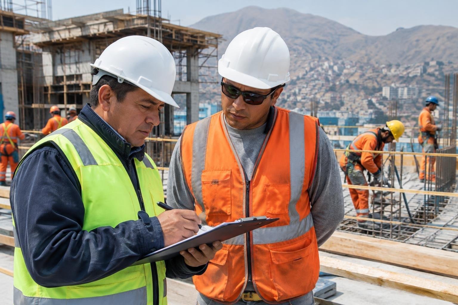 Inspector laboral revisa una lista de verificación en una obra